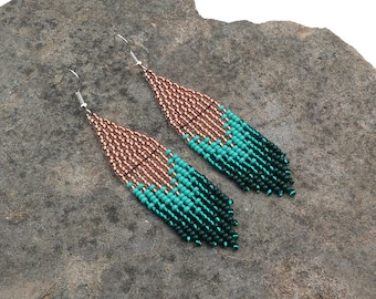 Bronze Emerald Copper Turquoise Ombre earrings Statement Native bead Gradient earrings Dangle Elegant Fringe Seed bead earrings