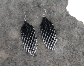 Black Gray Ombre Gradient Elegant earrings Native bead Statement Dangle Delicate Trendy Beaded earrings Fringe Seed bead earrings