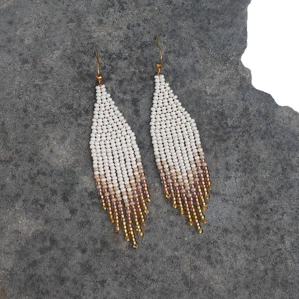 Cream Copper Gold Statement Ombre earrings Native bead Elegant Gradient Beige Dangle Fringe earrings Seed bead earrings