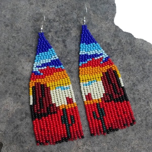Desert Landscape Seed Bead Earrings Cactus Mountain Sunset Native Inspired Statement Jewelry
