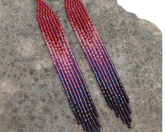 Boucles d'oreilles extra longues franges perlées rose ombré