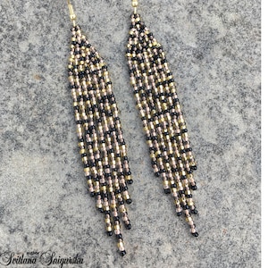 Boho Bead Earrings – Long Fringe Seed Beads, Black Gold Dangle, Handmade Tribal Jewelry, Statement Gift for Her