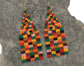 Autumn Colorful Abstract Unusual Fall earrings Halloween Multi color Warm colors Native earrings Modern Geometric seed bead earrings