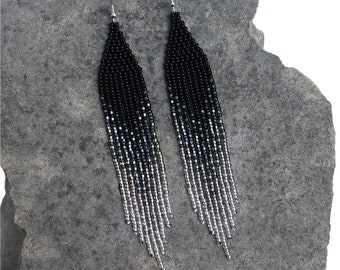 Black Silver Ombre Gradient Elegant earrings Native bead Statement Dangle Delicate Long Beaded earrings Fringe Seed bead earrings