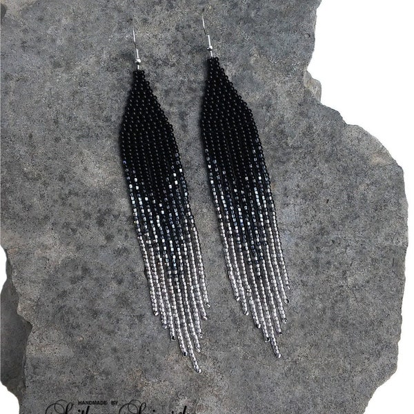 Black Silver Ombre Gradient Elegant earrings Native bead Statement Dangle Delicate Long Beaded earrings Fringe Seed bead earrings
