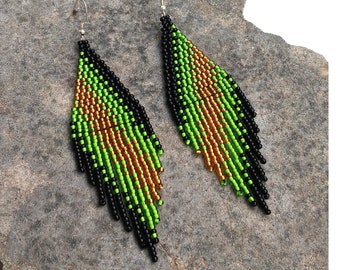 Gold Green Statement Ombre Modern earrings Geometric Gradient Native Seed bead Dangle Fringe earrings Rhombus Elegant Beaded earrings