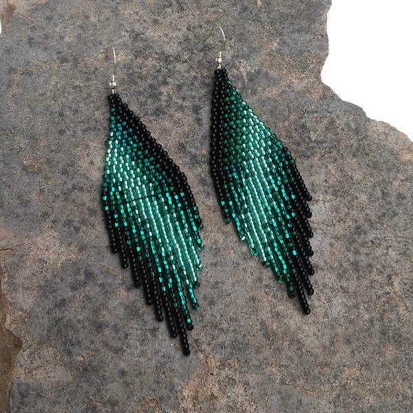 Emerald Green Statement Ombre Modern earrings Native Seed bead Dangle Fringe Sparkling earrings Geometric Gradient Gypsy Boho earrings