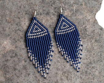 Navy blue Chunky Triangle Statement earrings Dark blue Native bead Dangle Fringe earrings Elegant Blue Geometric Seed bead Native earrings