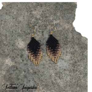 Coffee Black Statement Native bead earrings Trendy Gradient Cognac Dangle Fringe earrings Tea Brown Seed bead earrings