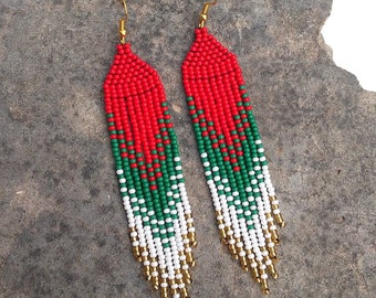 Christmas Fringe Earrings Red Green White Seed Bead Holiday Statement Dangle