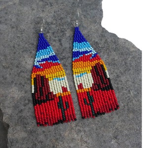 Mountain Cactus Unusual Nature earrings Monument Valley Sunset American Native Arizona Colorful earrings Summer Evening Seed bead earrings