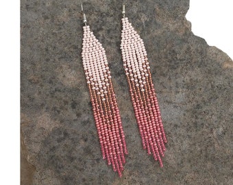 Copper Coral Bronze Salmon pink earrings Statement Ombre Dangle Native bead earrings Delicate Gradient Long Fringe Seed bead earrings