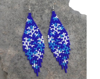 Snowflake Funny Winter Xmas Navy blue earrings Christmas Party Holiday Statement Cute earrings Seed bead Dangle Fringe earrings