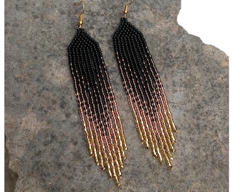 Tea Statement Ombre Dangle Native earrings Gradient Cognac Long Fringe Seed bead earrings Gold brown Czech glass earrings