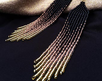 Black Gold Ombre Beaded Fringe Earrings Long Dangle Seed Bead Native Style Czech Glass
