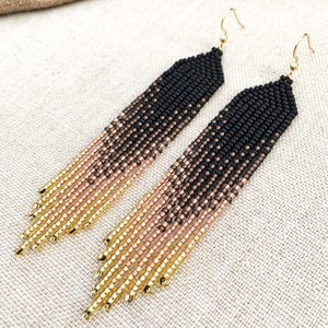 Black Gold Ombre Beaded Fringe Earrings Long Dangle Seed Bead Native Style Czech Glass