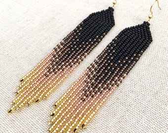 Black Gold Ombre Beaded Fringe Earrings Long Dangle Seed Bead Native Style Czech Glass