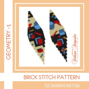 Può includere: Uno schema a punto mattoncino per orecchini a perline, con un design geometrico in perline nere, bianche, rosse, blu e gialle. Lo schema si chiama "Geometry-1" ed è stato progettato da "Svetlana Snigurska, The Things Made With Love".