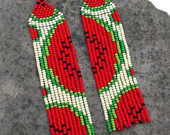Watermelon Seed Bead Earrings Beaded Fruit Fringe Long Dangle Statement Jewelry