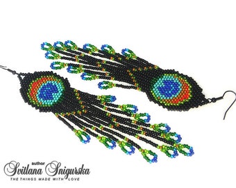 Peacock earrings Feather earrings Peacock eye Beaded feather Peacock feather Peacock colors Peacock jewelry Fringe earrings Long earrings