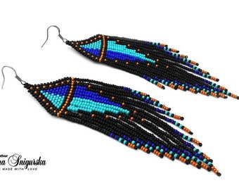 Boucles d'oreilles abstraites géométriques noires turquoise Insolite Déclaration minimaliste Hippie Boucles d'oreilles pendantes longues Boucles d'oreilles perles de rocaille bleu turquoise