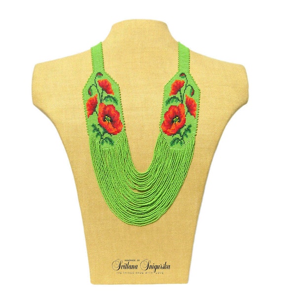 Green red necklace Poppy necklace Ukrainian jewelry Ukraine | Etsy