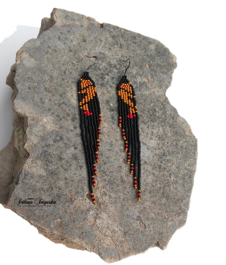 Black gold Native American Bird Hawk earrings American indian Tribal Ethnic Thin Long Dangle earrings Statement Fringe Czech glass earrings