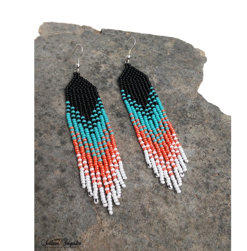 Coral Turquoise Native Bead Fringe Earrings Ombre Gradient Etsy