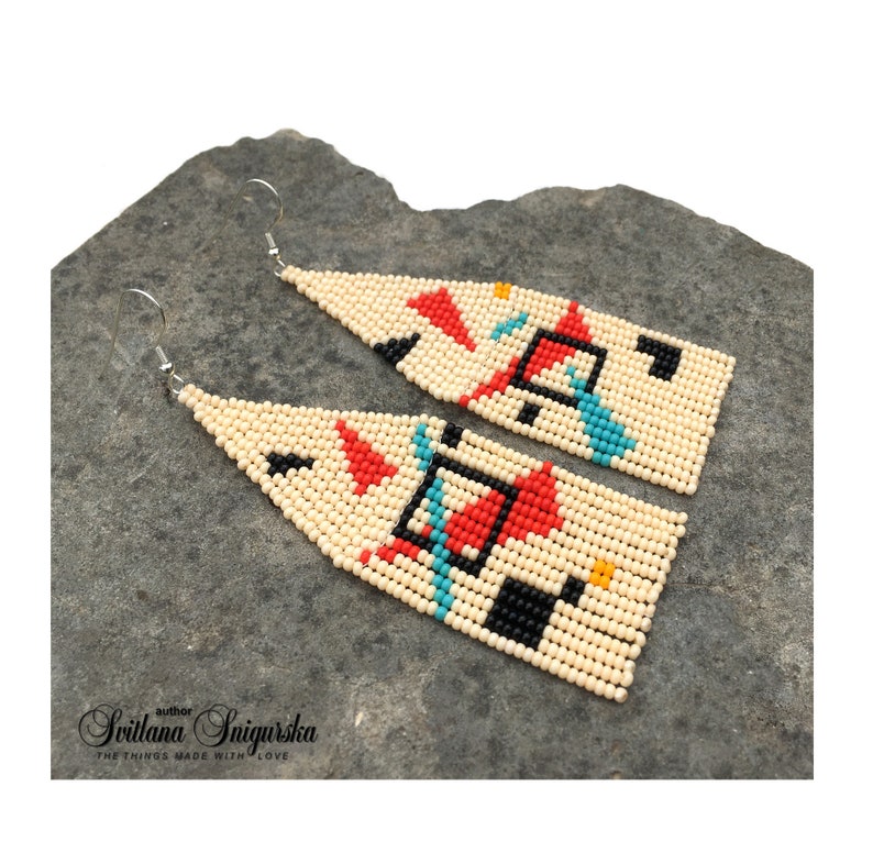Abstract geometric seed bead earrings inspired by Bauhaus design, featuring ivory, black, red and turquoise color blocks with 18K gold-plated ear hooks.