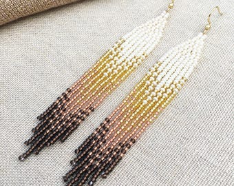 Neutral Ombre Beaded Fringe Earrings Long Dangle Seed Bead Native Style Czech Glass Jewelry