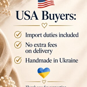 Infographic explaining that U.S. import duties and taxes are included for orders from Ukraine, with no extra fees due on delivery.