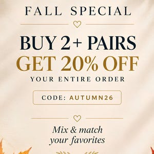 Elegant fall promotion graphic for handmade beaded jewelry featuring a cream textured background, golden and red maple leaves, and the offer “Buy 2+ pairs, get 20% off” with code AUTUMN26.