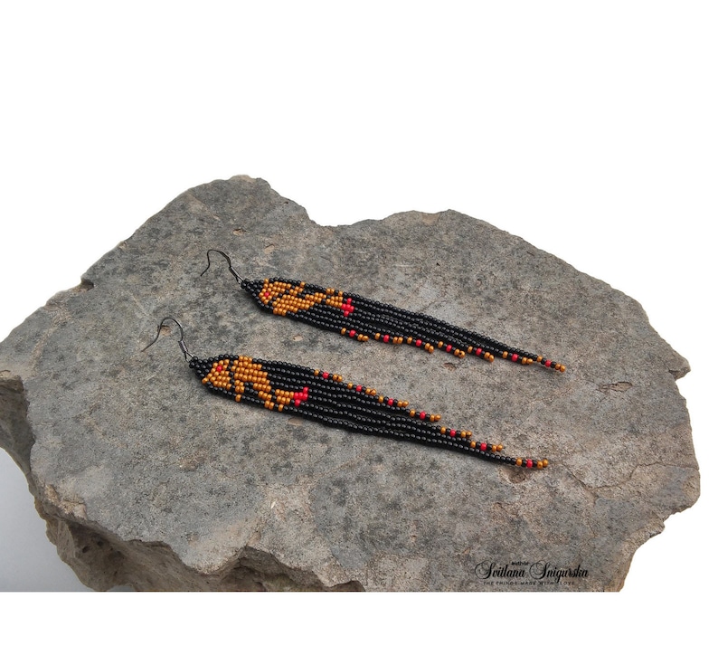 Black gold Native American Bird Hawk earrings American indian Tribal Ethnic Thin Long Dangle earrings Statement Fringe Czech glass earrings
