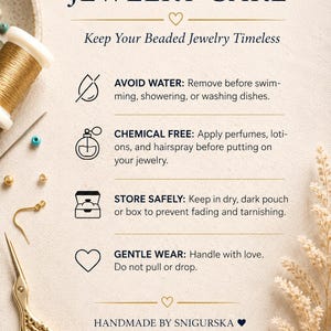 Jewelry care guide with simple instructions for keeping handmade beaded earrings beautiful, including storage, water protection, and gentle handling.