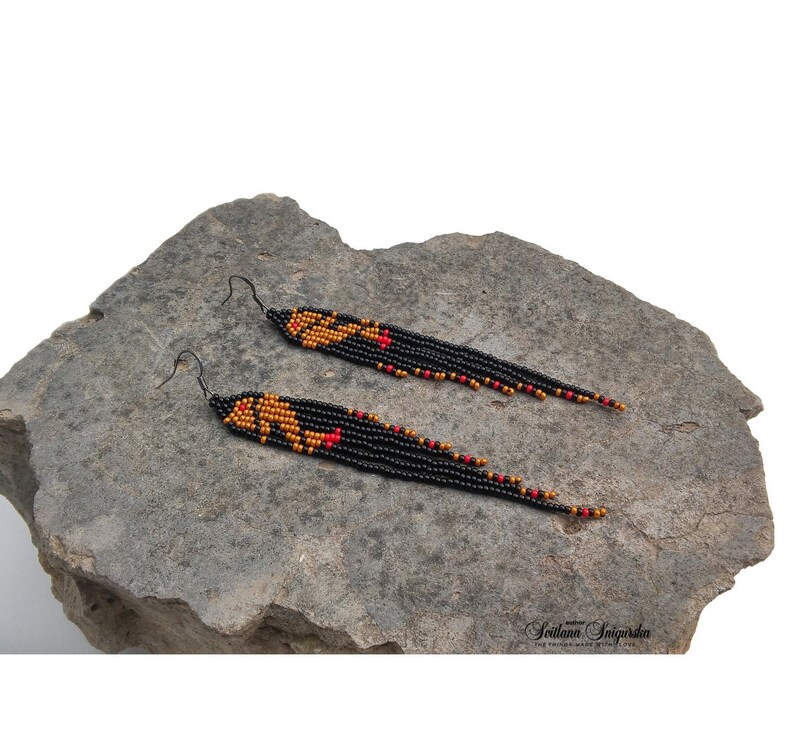 Black gold Native American Bird Hawk earrings American indian Tribal Ethnic Thin Long Dangle earrings Statement Fringe Czech glass earrings
