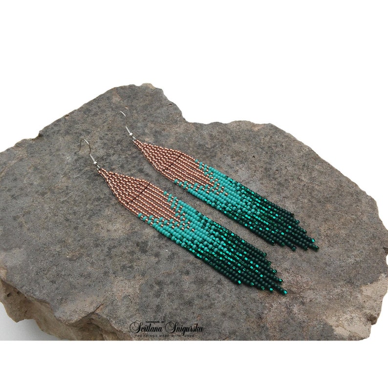 Copper Turquoise Bronze Emerald Ombre earrings Statement Native bead Gradient earrings Dangle Long Fringe Seed bead earrings