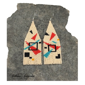 Abstract geometric seed bead earrings inspired by Bauhaus design, featuring ivory, black, red and turquoise color blocks with 18K gold-plated ear hooks.