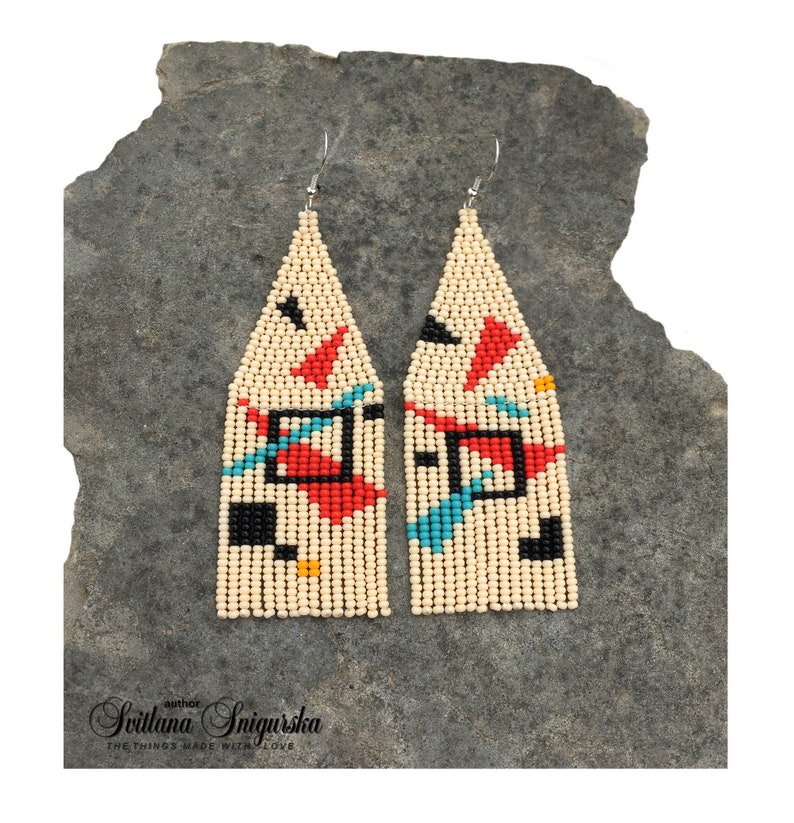 Abstract geometric seed bead earrings inspired by Bauhaus design, featuring ivory, black, red and turquoise color blocks with 18K gold-plated ear hooks.