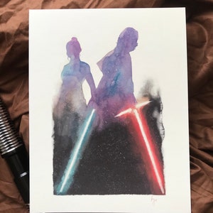 PRINT** Kylo and Rey Balance in the Force Inspired 8.5&quot; x 11&quot; Watercolor Gouache Fan Art Painting Print