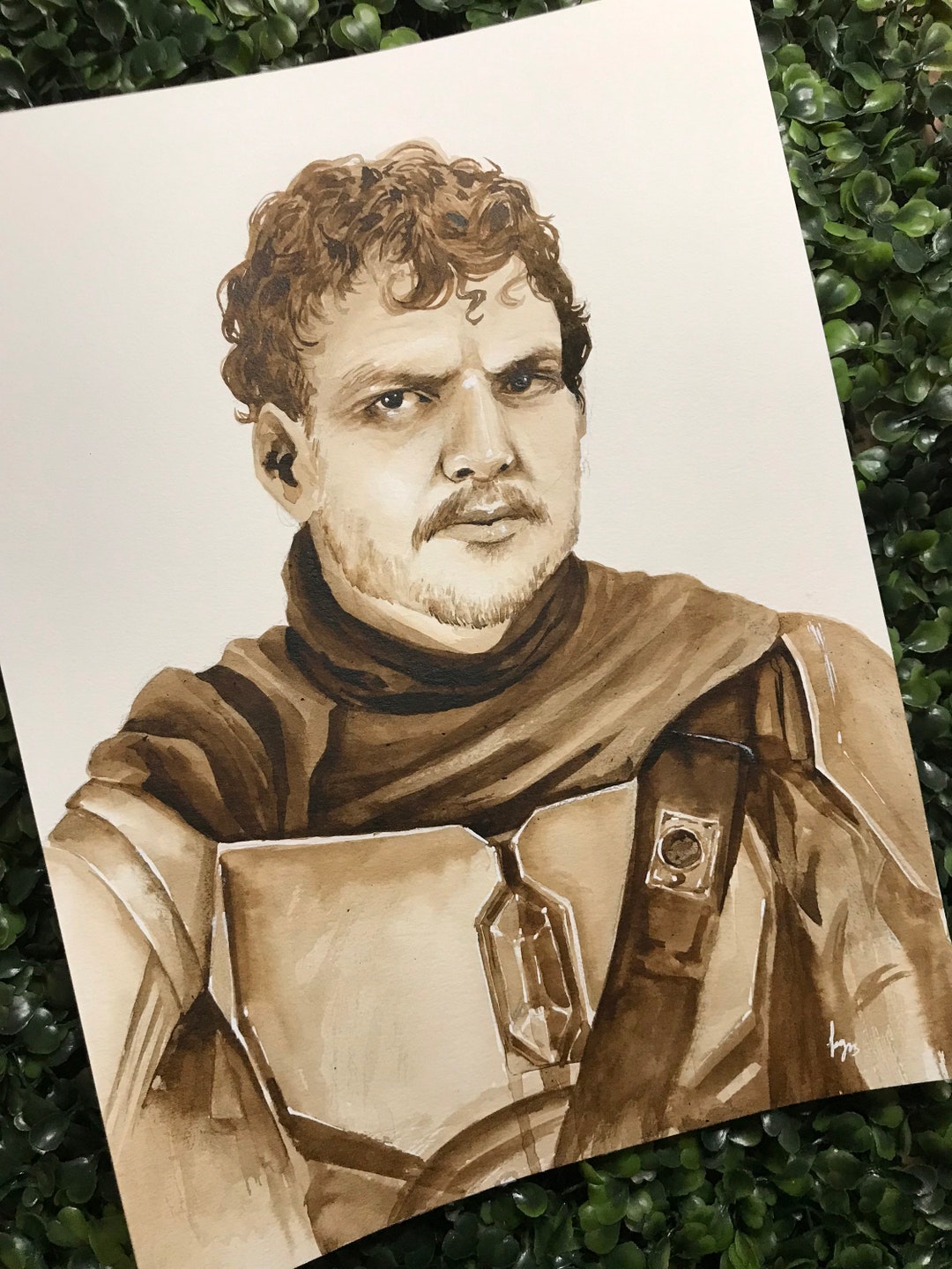 ORIGINAL Din Djarin Mandalorian Painting 9 X 12 Sepia Ink Painting Star