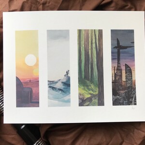 May include: A set of four watercolour paintings depicting different scenes from the Star Wars universe. The first painting shows a desert landscape with a double sunset and a building in the foreground. The second painting shows a snowy landscape with a figure standing on a hill. The third painting shows a forest with tall trees and a path leading through the woods. The fourth painting shows a cityscape with tall buildings and a spaceship flying overhead.