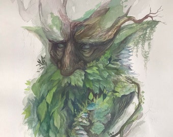 Pintura ORIGINAL de acuarela de Hombre Verde / Pintura de 15&quot; x 22&quot;