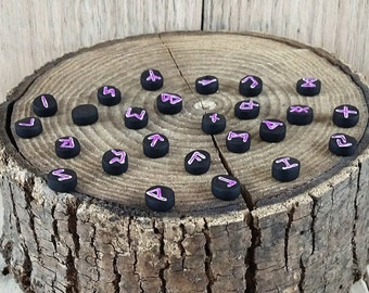 Miniature Viking Runes , Neon Runes , Clay Runes , Mini Viking Runes , Purple and Black Runes , Divination Tool , Handpainted Runes