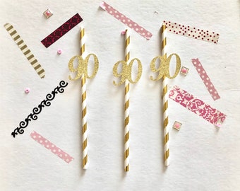 90th Birthday Straws, 90th Party Decorations, 90th Birthday Party Straws, Paper Straws
