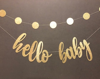 Hello Baby Banner, Baby Shower Banner, Black & Gold Baby Shower Decor, Gold Glitter, Modern Baby Shower, Pregnancy Banner, Hello Baby Banner