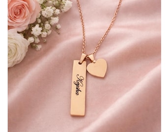 Engraved Name Necklace, Stainless Steel Bar & Heart Charm, Keepsake Jewelry