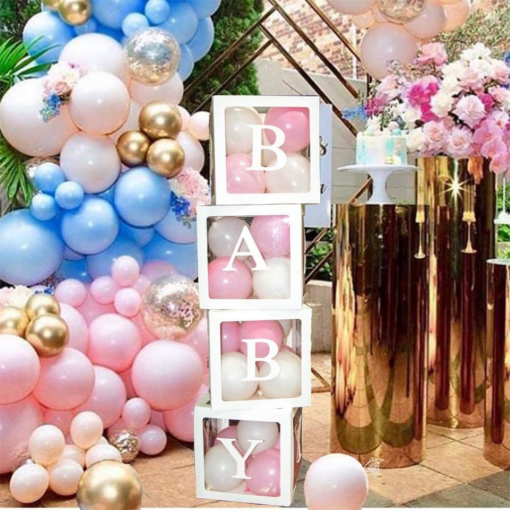 Baby Shower Decorations for Boy Girl New Born Baby 4 Baby Shower Boxes 60  Balloons 4 String LED Lights Boy Baby Shower Decorations 