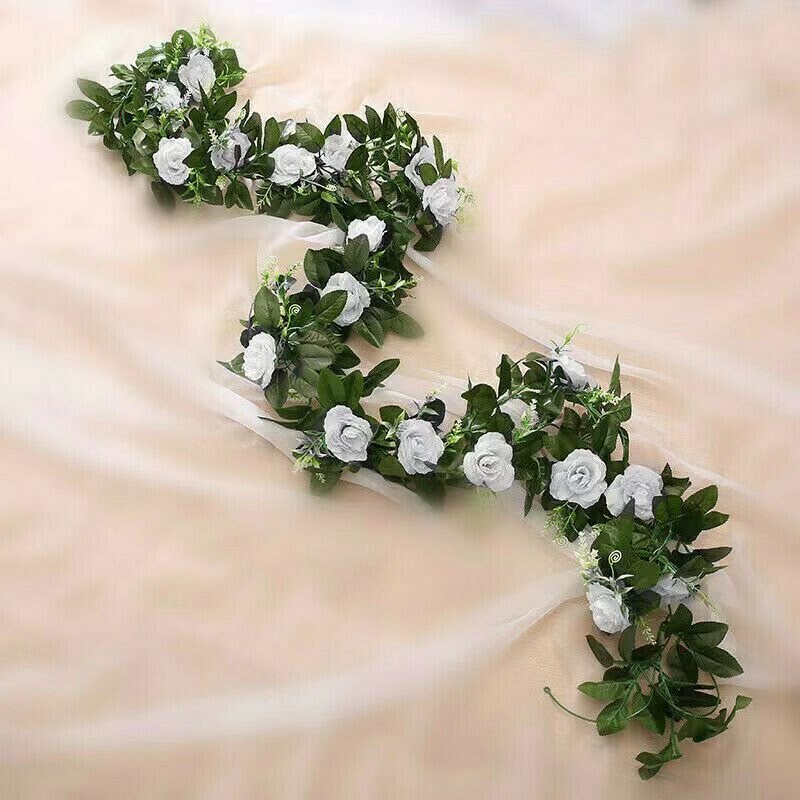 Romantic Rose Vine, Artificial Garland Hanging Fake Rose Ivy Silk Flowers  Greenery Plants for Wedding Backdrop Party Office Wall Home Decor 