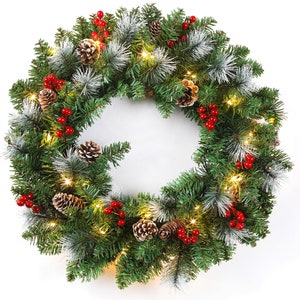 24 inchs Christmas Wreath Decorative Winter Pine Cone With Light Front Door Garland Rustic Country Style Traditional Festive Home Décor