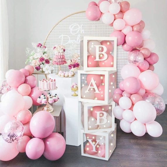 Baby Shower Decorations for Boy Girl New Born Baby 4 Baby Shower Boxes 60  Balloons 4 String LED Lights Boy Baby Shower Decorations -  Denmark